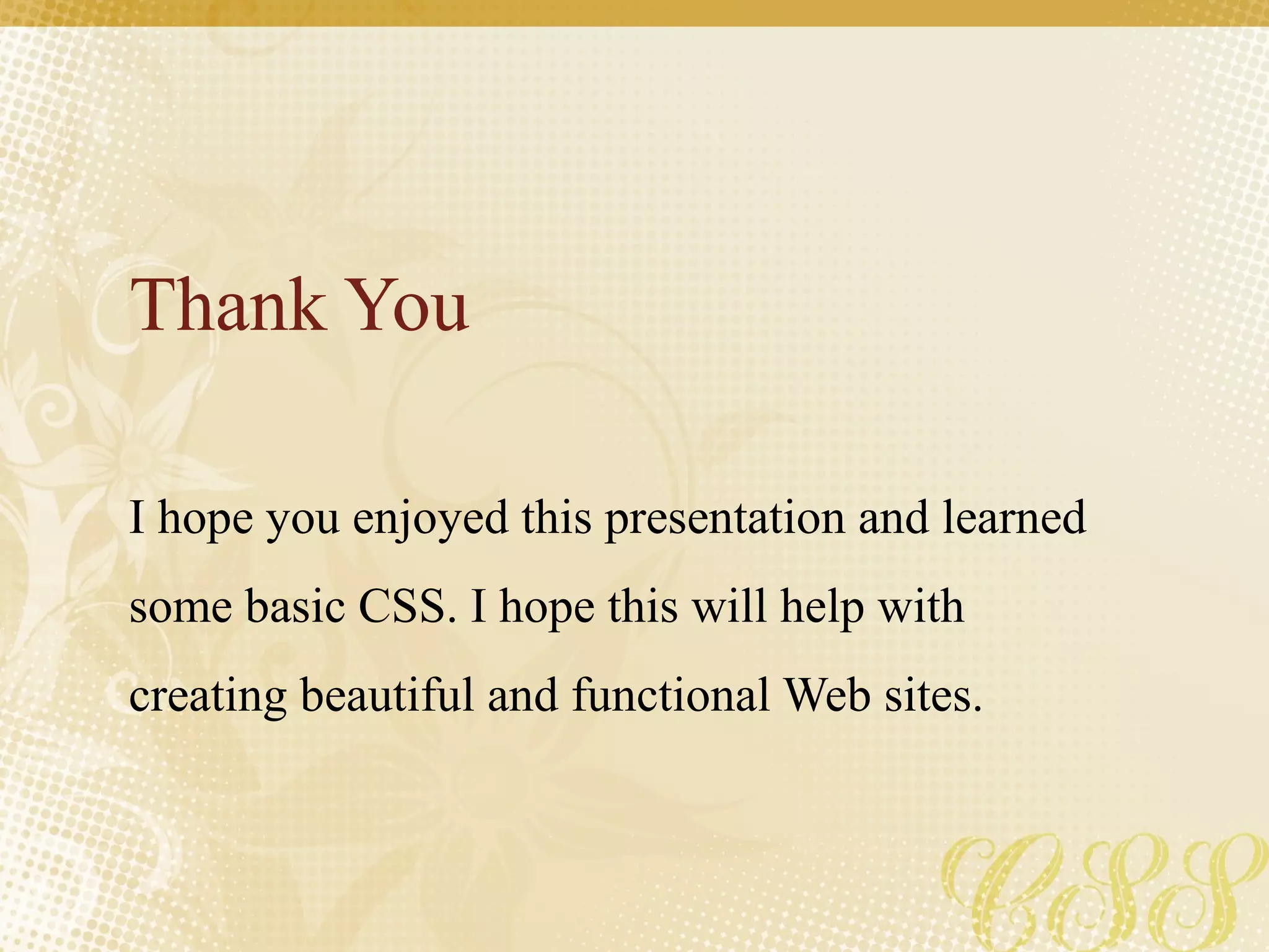 Thank You
I hope you enjoyed this presentation and learned
some basic CSS. I hope this will help with
creating beautiful and functional Web sites.
 