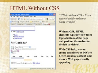 HTML Without CSS
“HTML without CSS is like a
piece of candy without a
pretty wrapper.”
Without CSS, HTML
elements typically flow from
top to bottom of the page
and position themselves to
the left by default.
With CSS help, we can
create containers or DIVs to
better organize content and
make a Web page visually
appealing.
 