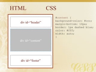 HTML CSS
div id=“header”
div id=“footer”
div id=“content”
#content {
background-color: #ccc;
margin-bottom: 10px;
border: 1px dashed blue;
color: #fff;
width: auto;
}
 