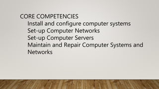 CORE COMPETENCIES
Install and configure computer systems
Set-up Computer Networks
Set-up Computer Servers
Maintain and Repair Computer Systems and
Networks
 