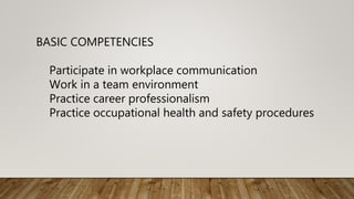 BASIC COMPETENCIES
Participate in workplace communication
Work in a team environment
Practice career professionalism
Practice occupational health and safety procedures
 