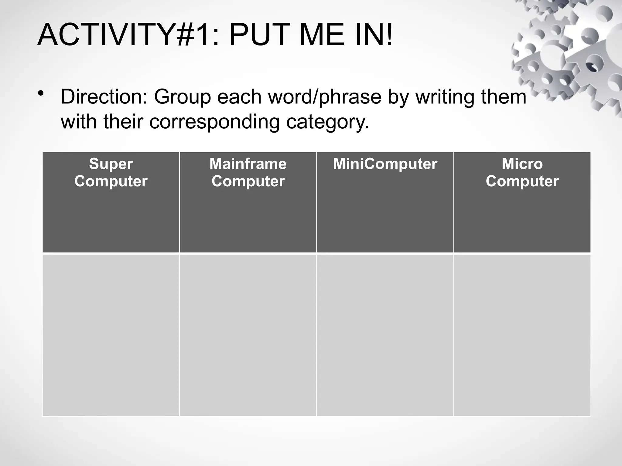 ACTIVITY#1: PUT ME IN!
• Direction: Group each word/phrase by writing them
with their corresponding category.
Super
Computer
Mainframe
Computer
MiniComputer Micro
Computer
 