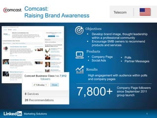 Comcast:
                                          Telecom
Raising Brand Awareness

                       Objectives
                          Develop brand image, thought leadership
                           within a professional community
                          Encourage SMB owners to recommend
                           products and services

                       Products
                         Company Page          Polls
                         Social Ads            Partner Messages

                       Results
                        High engagement with audience within polls
                        and company pages

                                            Company Page followers

                      7,800+                since September 2011
                                            group launch




Marketing Solutions                                              1
 