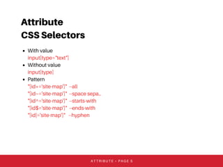 Attribute
CSS Selectors
With value
input[type="text"]
Without value
input[type]
Pattern
"[id*='site-map']" --all
"[id~='site-map']" --space sepa..
"[id^='site-map']" --starts-with
"[id$='site-map']" --ends-with
"[id|='site-map']" --hyphen
ATTRIBUTE • PAGE 5
 
