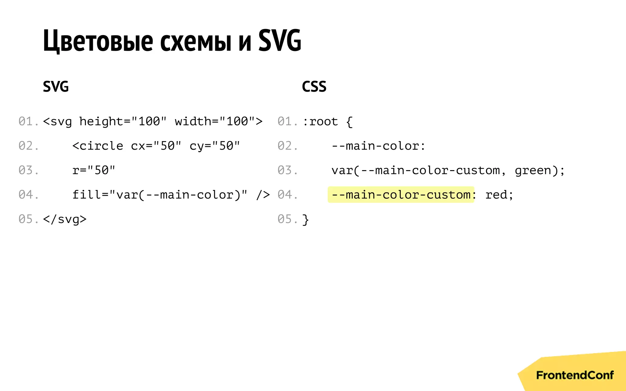 --main-color-custom
Цветовые схемы и SVG
SVG
<svg height="100" width="100">
<circle cx="50" cy="50"
r="50"
fill="var(--main-color)" />
</svg>
CSS
:root {
--main-color:
var(--main-color-custom, green);
: red;
}
01.
02.
03.
04.
05.
01.
02.
03.
04.
05.
 