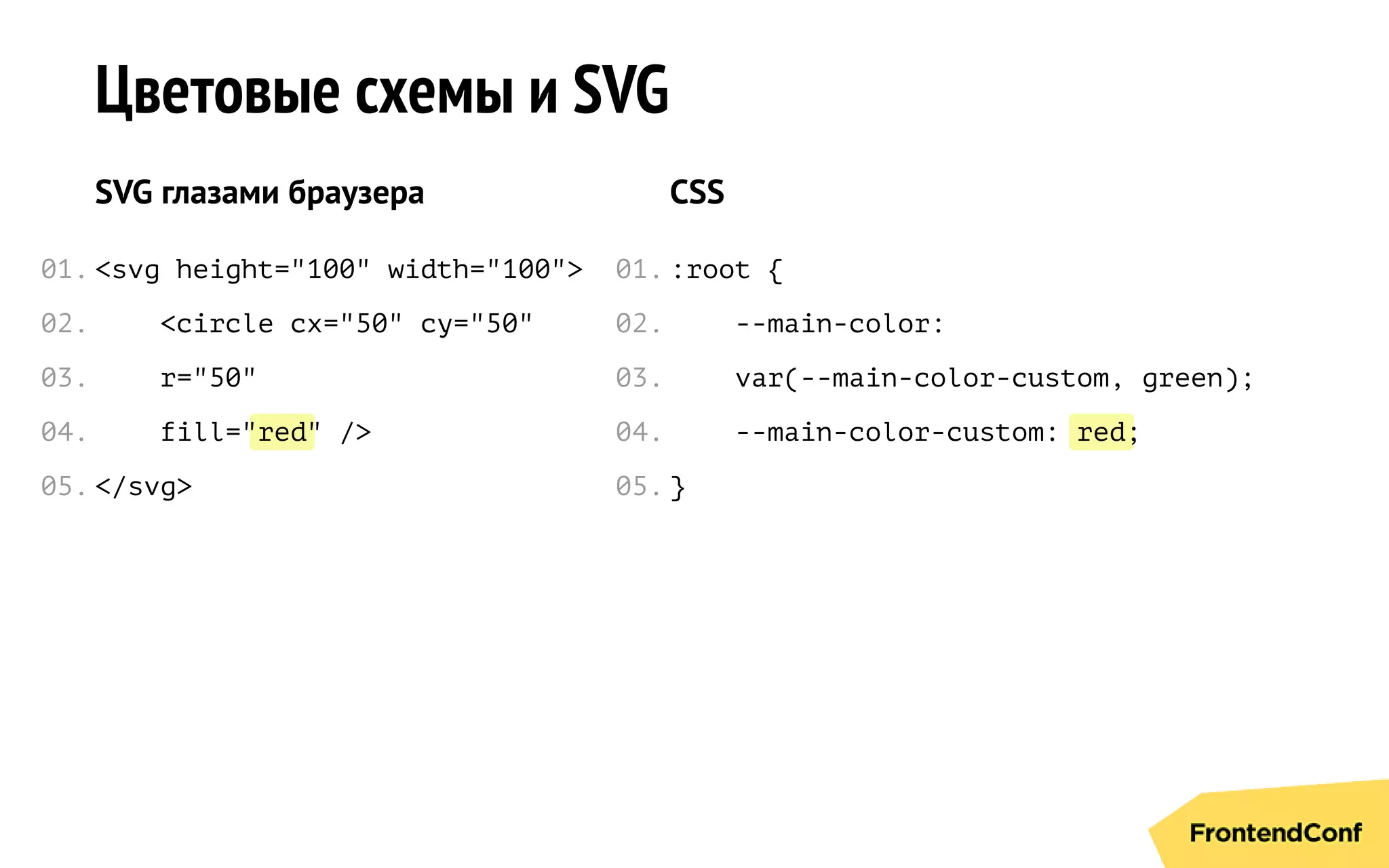 red red
Цветовые схемы и SVG
SVG глазами браузера
<svg height="100" width="100">
<circle cx="50" cy="50"
r="50"
fill=" " />
</svg>
CSS
:root {
--main-color:
var(--main-color-custom, green);
--main-color-custom: ;
}
01.
02.
03.
04.
05.
01.
02.
03.
04.
05.
 