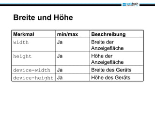Breite und Höhe Merkmal min/max Beschreibung width Ja Breite der Anzeigefläche height Ja Höhe der Anzeigefläche device-width Ja Breite des Geräts device-height Ja Höhe des Geräts 