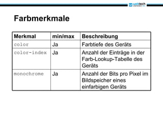 Farbmerkmale Merkmal min/max Beschreibung color Ja Farbtiefe des Geräts color-index Ja Anzahl der Einträge in der Farb-Lookup-Tabelle des Geräts monochrome Ja Anzahl der Bits pro Pixel im Bildspeicher eines einfarbigen Geräts 