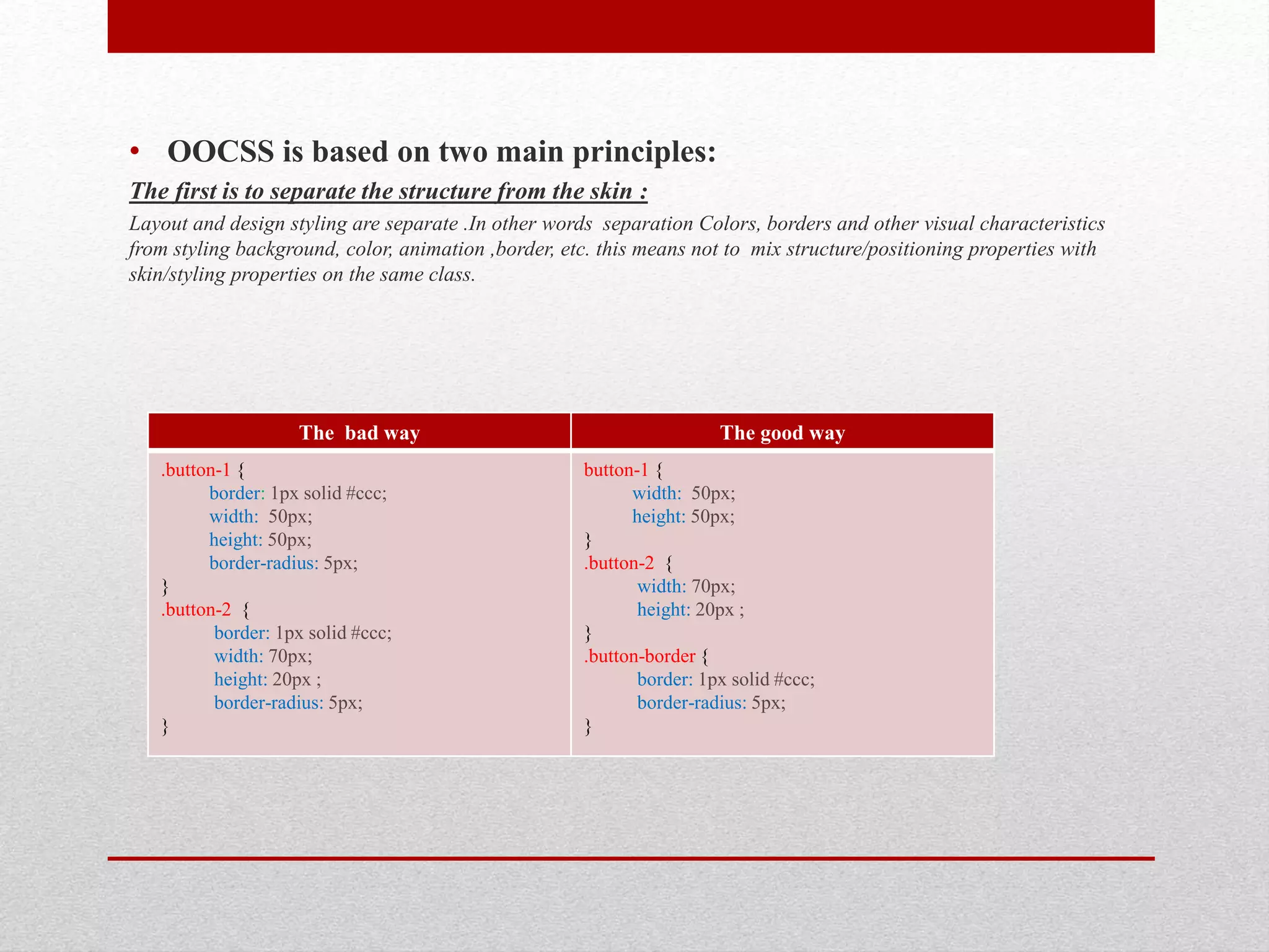 • OOCSS is based on two main principles: The first is to separate the structure from the skin : Layout and design styling are separate .In other words separation Colors, borders and other visual characteristics from styling background, color, animation ,border, etc. this means not to mix structure/positioning properties with skin/styling properties on the same class. The bad way The good way .button-1 { border: 1px solid #ccc; width: 50px; height: 50px; border-radius: 5px; } .button-2 { border: 1px solid #ccc; width: 70px; height: 20px ; border-radius: 5px; } button-1 { width: 50px; height: 50px; } .button-2 { width: 70px; height: 20px ; } .button-border { border: 1px solid #ccc; border-radius: 5px; } 