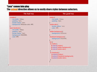 “Less” comes into play
The extend directive allows us to easily share styles between selectors.
The bad way The good way
a.twitter {
min-width: 100px;
padding: 1em;
border-radius: 1em;
background: #55acee color: #fff;
}
span.facebook {
min-width: 100px;
padding: 1em;
border-radius: 1em;
background: #3b5998;
color: #fff;
}
.button {
min-width: 100px;
padding: 1em;
}
.button-skin {
border-radius: 1em;
color: #fff;
}
.twitter-background {
background: #55acee;
}
.facebook-background {
background: #3b5998;
}
.btn {
&--twitter {
&:extend(.button);
&:extend(.twitter-background);
&:extend(.button-skin);
}
&--facebook {
&:extend(.button);
&:extend(.facebook-background);
&:extend(.button-skin);
}
}
 