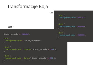 Transformacije Boja
$color_secondary: #AD141E;
.div1 {
background-color: $color_secondary;
}
.div2 {
background-color: lighten( $color_secondary, 20% );
}
.div3 {
background-color: darken( $color_secondary, 20% );
}
.div1 {
background-color: #AD141E;
}
.div2 {
background-color: #e93e49;
}
.div3 {
background-color: #52090e;
}
SCSS
CSS
 