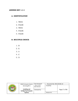 CBLM Computer System
Servicing,NC II
Installing and
Configuring Computer
Systems
Date Developed:
March 2,2016
Date Revised:
Document No. DHS CSS-001-16
Issued by:
Page 17 of 96Developed by:
Revision # 0
ANSWER KEY 1.1-1
A. IDENTIFICATION
1. TRUE
2. FALSE
3. TRUE
4. FALSE
5. FALSE
B. MULTIPLE CHOICE
1. B
2. E
3. A
4. C
5. D
 