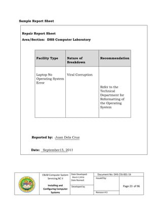 CBLM Computer System
Servicing,NC II
Installing and
Configuring Computer
Systems
Date Developed:
March 2,2016
Date Revised:
Document No. DHS CSS-001-16
Issued by:
Page 23 of 96Developed by:
Revision # 0
Sample Report Sheet
Repair Report Sheet
Area/Section: DHS Computer Laboratory
Facility Type Nature of
Breakdown
Recommendation
Laptop No
Operating System
Error
Viral Corruption
Refer to the
Technical
Department for
Reformatting of
the Operating
System
Reported by: Juan Dela Cruz
Date: September15, 2017
 
