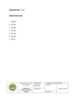 CBLM Computer System
Servicing,NC II
Installing and
Configuring Computer
Systems
Date Developed:
March 2,2016
Date Revised:
Document No. DHS CSS-001-16
Issued by:
Page 26 of 96Developed by:
Revision # 0
ANSWER KEY 1.1-2
IDENTIFICATION
1. FALSE
2. FALSE
3. FALSE
4. FALSE
5. FALSE
6. FALSE
7. TRUE
 
