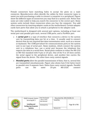 CBLM Computer System
Servicing,NC II
Installing and
Configuring Computer
Systems
Date Developed:
March 2,2016
Date Revised:
Document No. DHS CSS-001-16
Issued by:
Page 58 of 96Developed by:
Revision # 0
Female connectors have matching holes to accept the pints on a male
connector. Manufacturers often identify the cables by their connector types to
assist you with purchasing a cable to connect a computer to a peripheral. Figure
show the different types of connectors you may find on a system unit. Notice that
some are color-coded to help you match the connector to the correct port. Some
system units include these connectors when you buy the computer. You add
other connectors by inserting adapter cards on the motherboard. Certain adapter
cards have ports that allow you to attach a peripheral to the adapter card.
The motherboard is designed with several port options, including at least one
serial port and parallel port each, several USB ports, and a FireWire port.
 A serial port is a type of interface that connects a device to the system
unit by transmitting data one bit at a time. It usually used to connect
devices that do not required fast data transmission rates, such as a mouse
or keyboard. The COM port (short for communications port) on the system
unit is one type of serial port. Some modems, which connect the system
unit to a telephone line, use a serial port because the telephone line
expects the data in a serial form. Serial ports conform to either the RS-232
or RS-422 standard with 9-pin or 25-pin. One of the 9 or 25 lines carries
the serial signal to the peripheral device, and another line carries the
signal from the device. The other lines carry control signals.
 Parallel ports allow the parallel transmission of data; that is, several bits
are transmitted simultaneously. Figure also shows how 8-bit bytes travel
in parallel over 8 separate lines. Extra lines carry control signals. Parallel
ports use the same 25-pin RS-232C connect
 