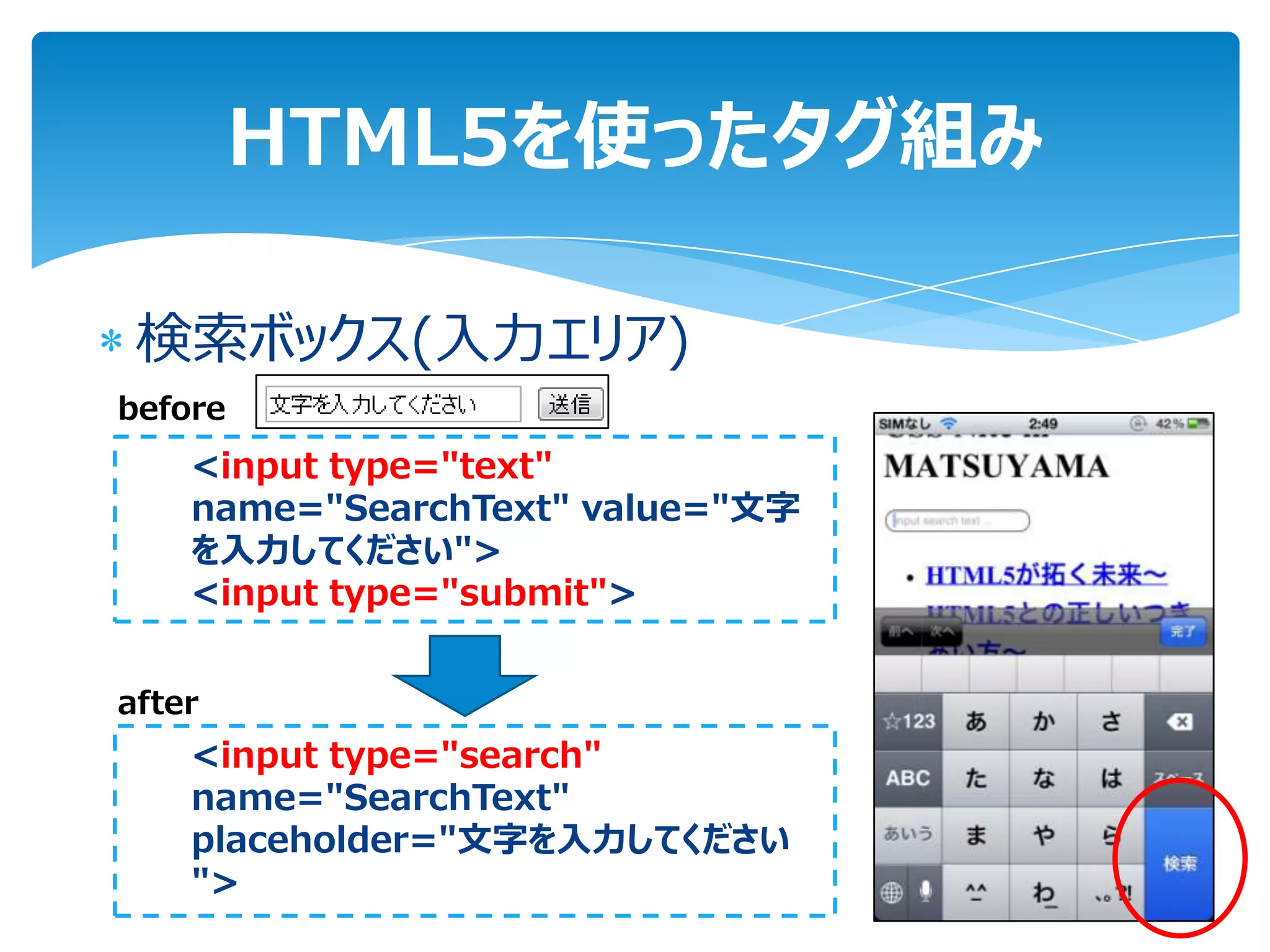 HTML5を使ったタグ組み

 検索ボックス(入力エリア)
before
    <input type="text"
    name="SearchText" value="文字
    を入力してください">
    <input type="submit">


after
    <input type="search"
    name="SearchText"
    placeholder="文字を入力してください
    ">
 