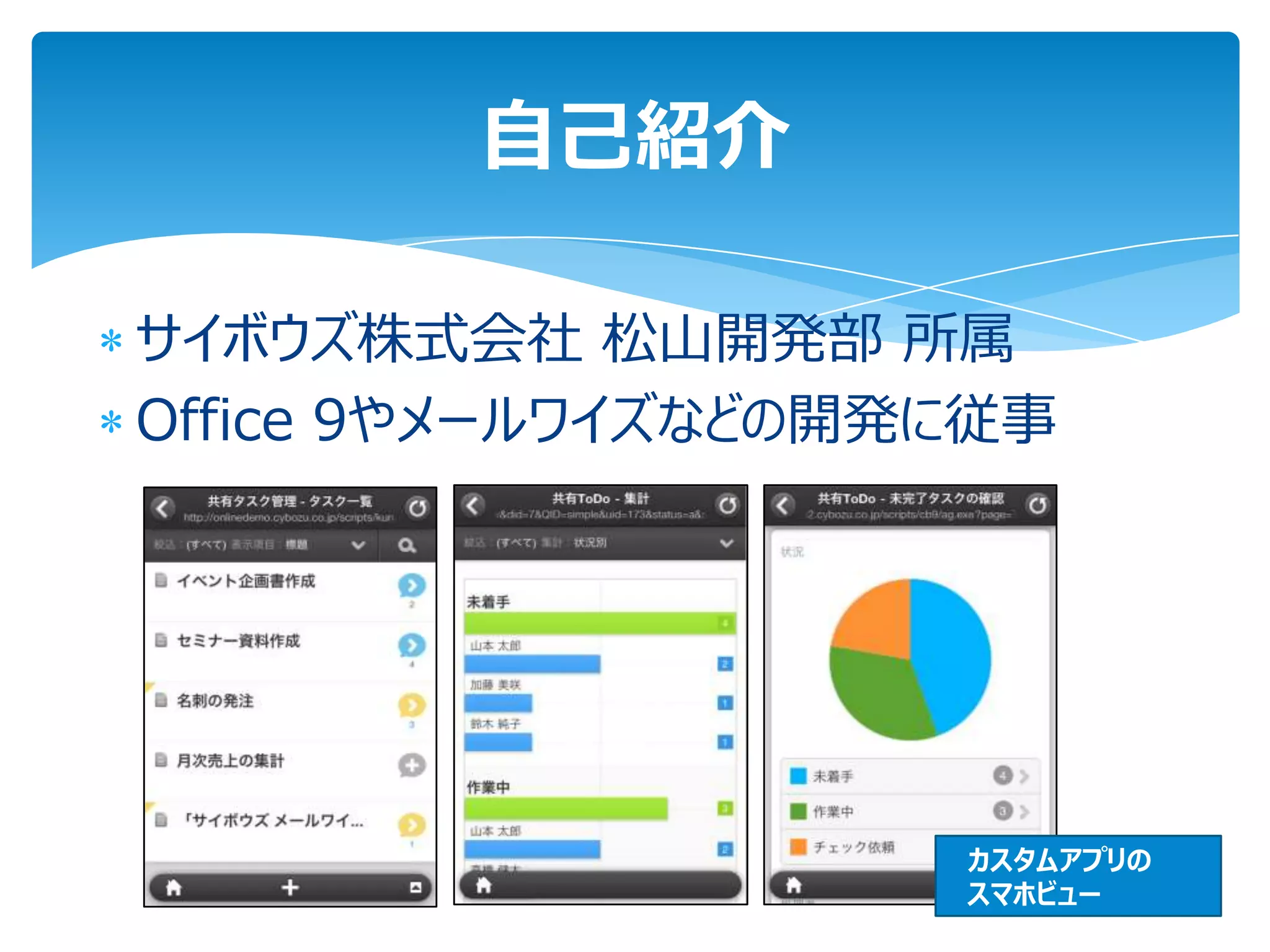 自己紹介

サイボウズ株式会社 松山開発部 所属
Office 9やメールワイズなどの開発に従事




                    カスタムアプリの
                    スマホビュー
 