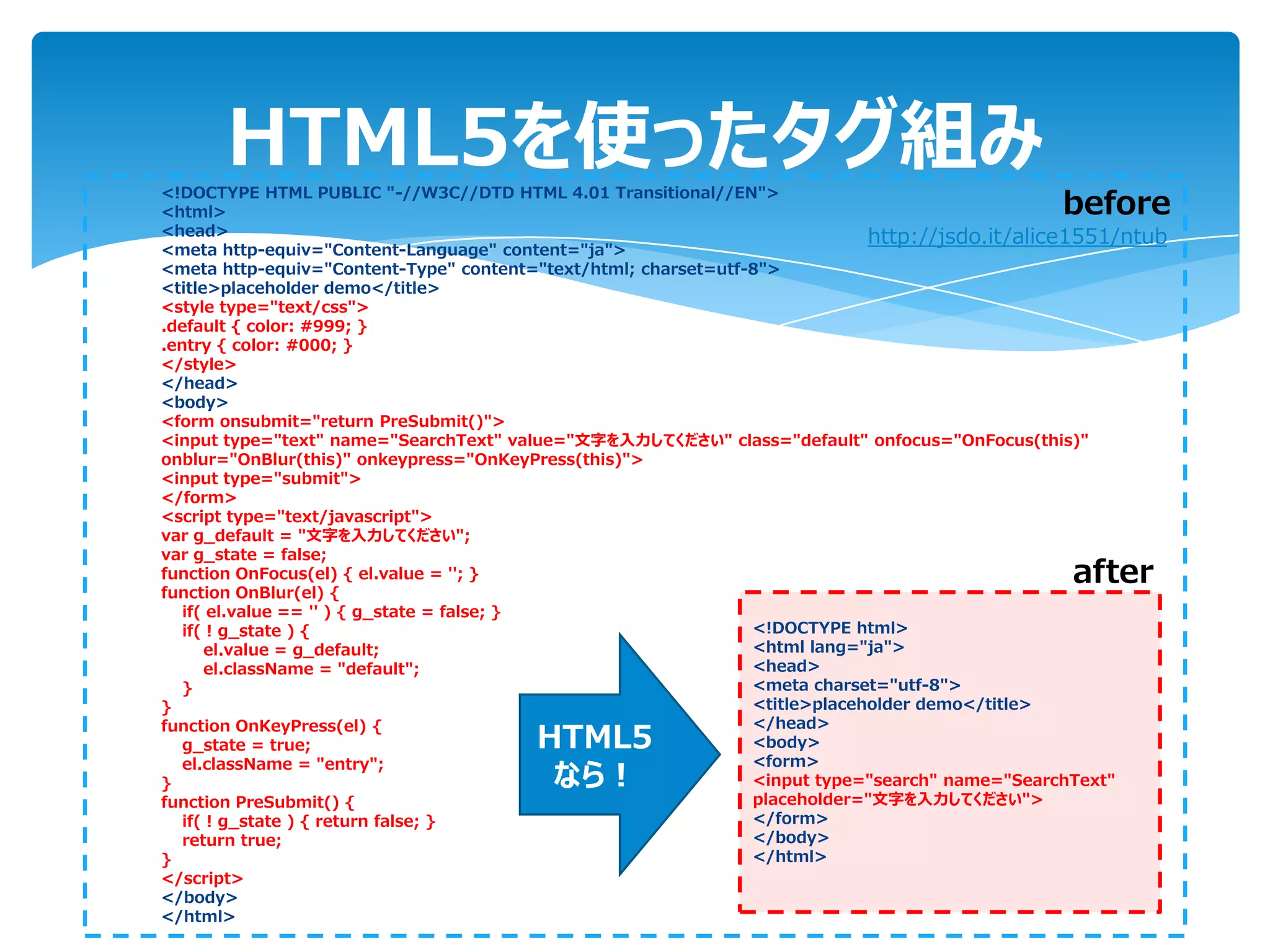 HTML5を使ったタグ組み
<!DOCTYPE HTML PUBLIC "-//W3C//DTD HTML 4.01 Transitional//EN">
<html>                                                                                        before
<head>                                                                       http://jsdo.it/alice1551/ntub
<meta http-equiv="Content-Language" content="ja">
<meta http-equiv="Content-Type" content="text/html; charset=utf-8">
<title>placeholder demo</title>
<style type="text/css">
.default { color: #999; }
.entry { color: #000; }
</style>
</head>
<body>
<form onsubmit="return PreSubmit()">
<input type="text" name="SearchText" value="文字を入力してください" class="default" onfocus="OnFocus(this)"
onblur="OnBlur(this)" onkeypress="OnKeyPress(this)">
<input type="submit">
</form>
<script type="text/javascript">
var g_default = "文字を入力してください";
var g_state = false;
function OnFocus(el) { el.value = ''; }
function OnBlur(el) {
                                                                                                after
   if( el.value == '' ) { g_state = false; }
   if( ! g_state ) {                                            <!DOCTYPE html>
      el.value = g_default;                                     <html lang="ja">
      el.className = "default";                                 <head>
   }                                                            <meta charset="utf-8">
}                                                               <title>placeholder demo</title>
                                                                </head>
                                       HTML5
function OnKeyPress(el) {
   g_state = true;                                              <body>
                                                                <form>
                                        なら！
   el.className = "entry";
}                                                               <input type="search" name="SearchText"
function PreSubmit() {                                          placeholder="文字を入力してください">
   if( ! g_state ) { return false; }                            </form>
   return true;                                                 </body>
}                                                               </html>
</script>
</body>
</html>
 