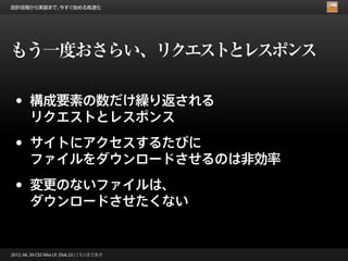 設計段階から実装まで、今すぐ始める高速化




もう一度おさらい、リクエストとレスポンス

 •      構成要素の数だけ繰り返される
        リクエストとレスポンス

 •      サイトにアクセスするたびに
        ファイルをダウンロードさせるのは非効率

 •      変更のないファイルは、
        ダウンロードさせたくない


2012. 06. 30 CSS Nite LP, Disk 23 | こもりまさあき
 