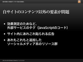 設計段階から実装まで、今すぐ始める高速化




自サイトのコンテンツ以外の要素が問題

 •      効果測定のためなど、
        外部サービスのタグ（JavaScriptのコード）

 •      サイト内にあれこれ貼られる広告

 •      あれもこれもと追加した
        ソーシャルメディア系のリソース群



2012. 06. 30 CSS Nite LP, Disk 23 | こもりまさあき
 