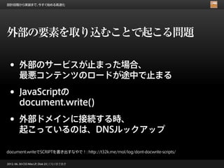設計段階から実装まで、今すぐ始める高速化




外部の要素を取り込むことで起こる問題

 •      外部のサービスが止まった場合、
        最悪コンテンツのロードが途中で止まる

 •      JavaScriptの
        document.write()

 •      外部ドメインに接続する時、
        起こっているのは、DNSルックアップ

document.writeでSCRIPTを書き出すなやで！: http://t32k.me/mol/log/dont-docwrite-scripts/

2012. 06. 30 CSS Nite LP, Disk 23 | こもりまさあき
 