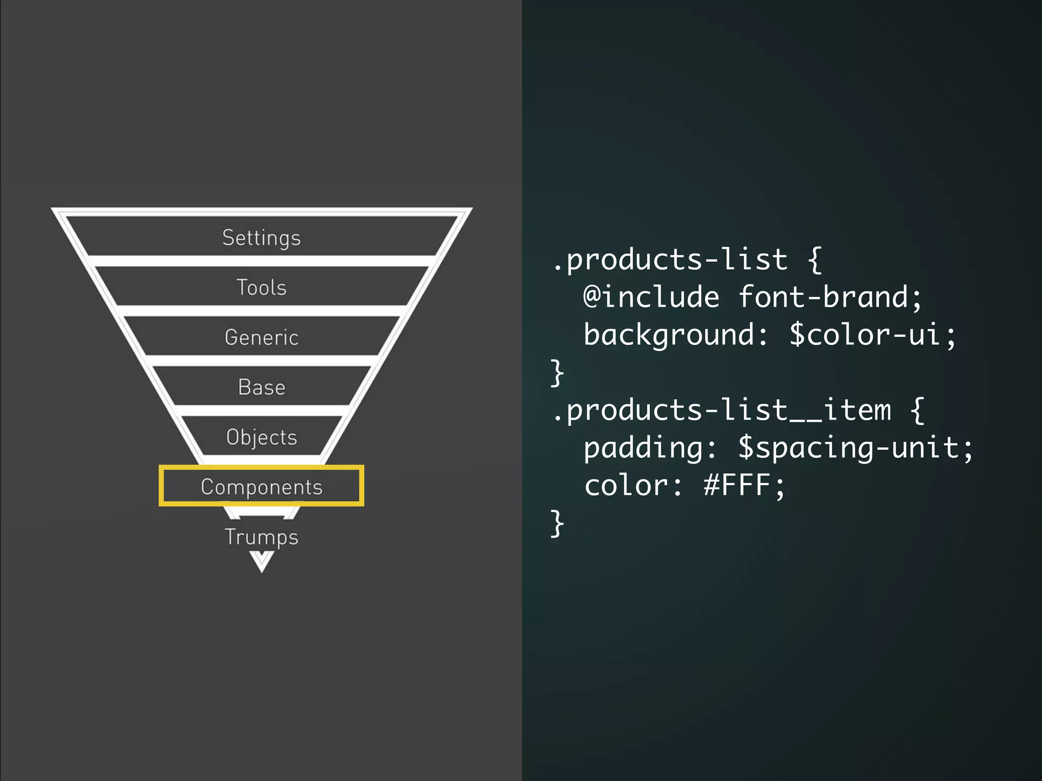.products-list {	
@include font-brand;	
background: $color-ui;	
}	
.products-list__item {	
padding: $spacing-unit; 	
color: #FFF;	
}
 