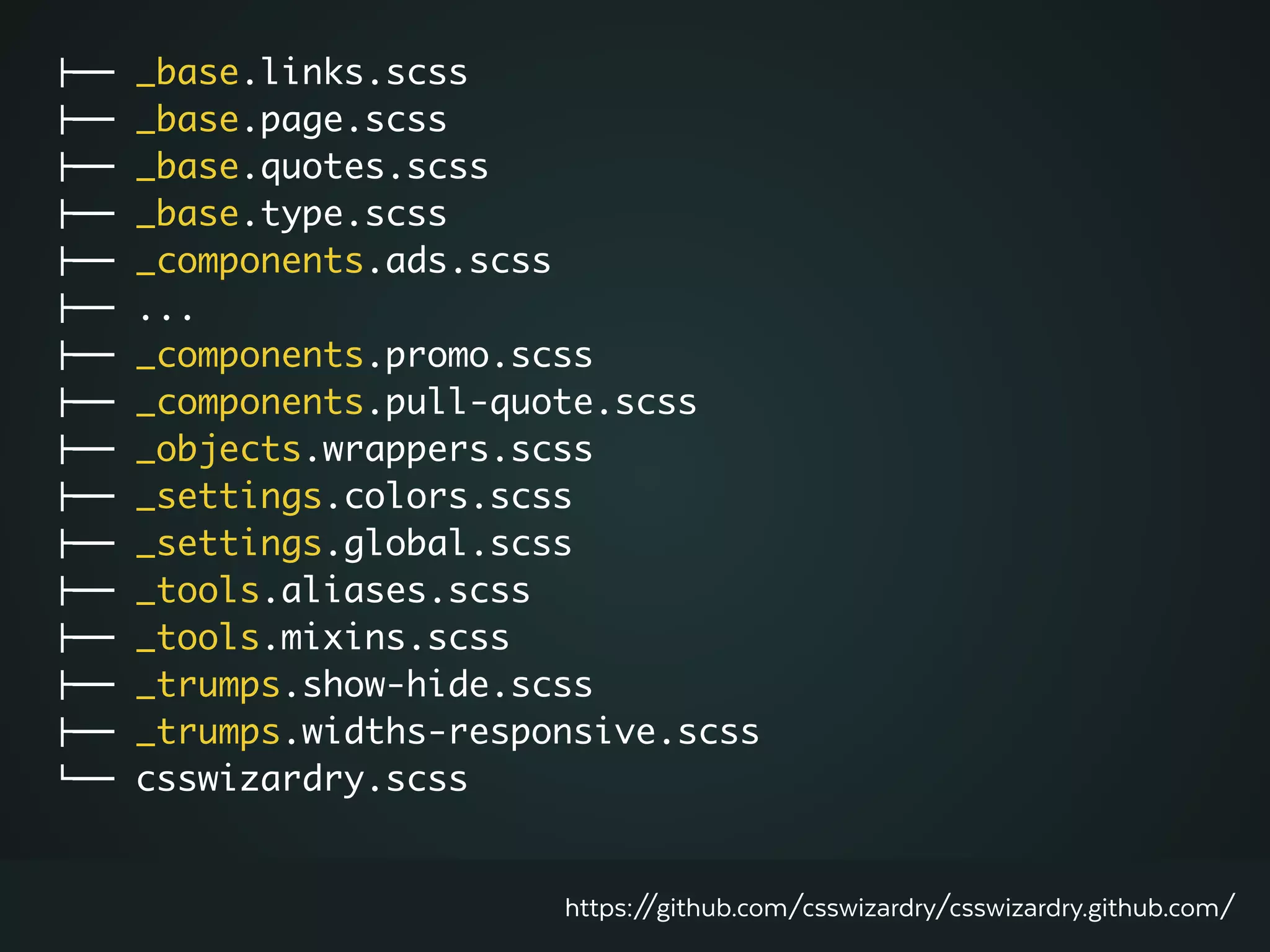 "## _base.links.scss	
"## _base.page.scss	
"## _base.quotes.scss	
"## _base.type.scss	
"## _components.ads.scss	
"## ...	
"## _components.promo.scss	
"## _components.pull-quote.scss	
"## _objects.wrappers.scss	
"## _settings.colors.scss	
"## _settings.global.scss	
"## _tools.aliases.scss	
"## _tools.mixins.scss	
"## _trumps.show-hide.scss	
"## _trumps.widths-responsive.scss	
$## csswizardry.scss
https://github.com/csswizardry/csswizardry.github.com/
 