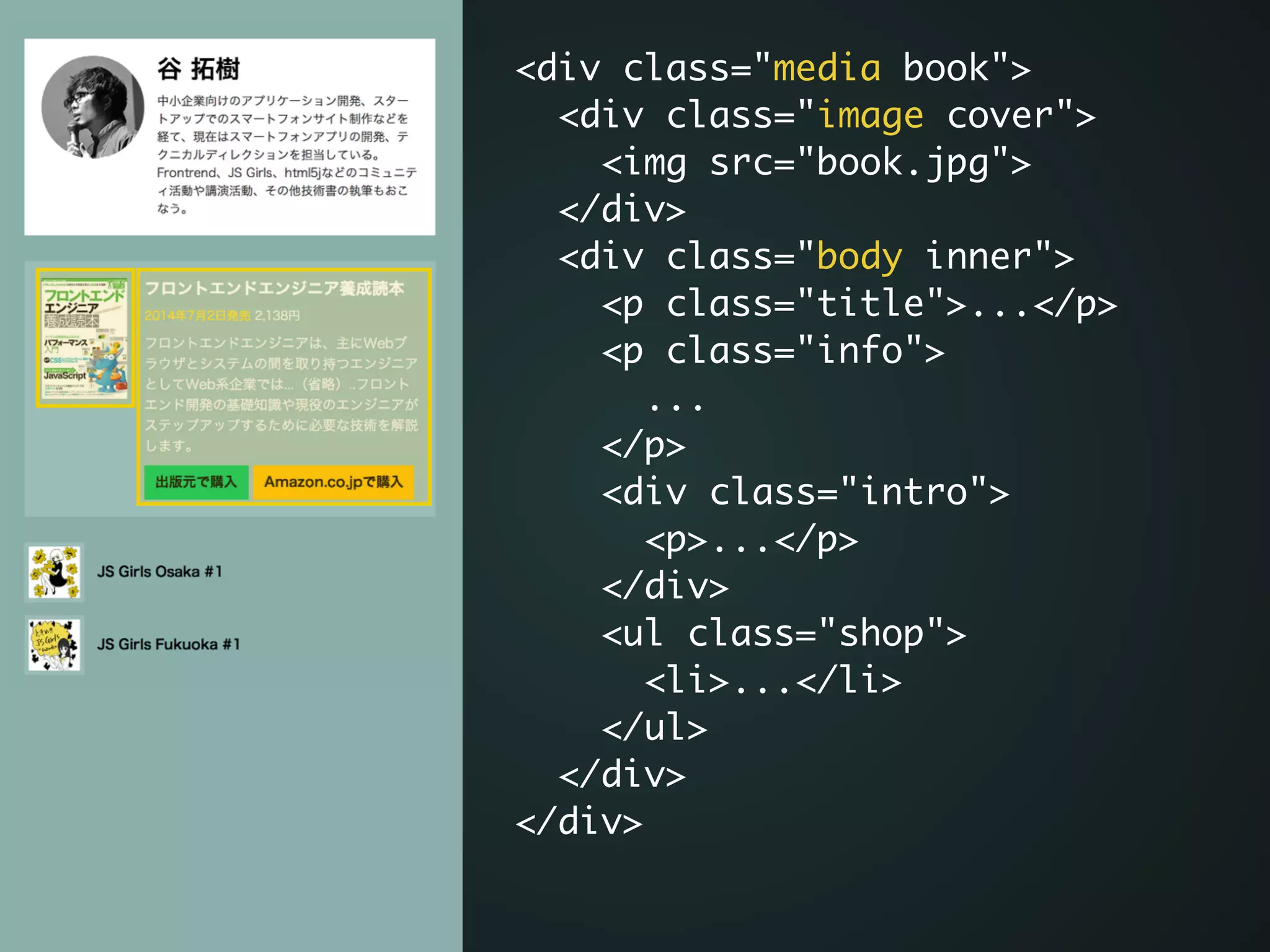 <div class="media book">	
<div class="image cover">	
<img src="book.jpg">	
</div>	
<div class="body inner">	
<p class="title">...</p>	
<p class="info">	
...	
</p>	
<div class="intro">	
<p>...</p>	
</div> 	
<ul class="shop">	
<li>...</li>	
</ul> 	
</div>	
</div>
 