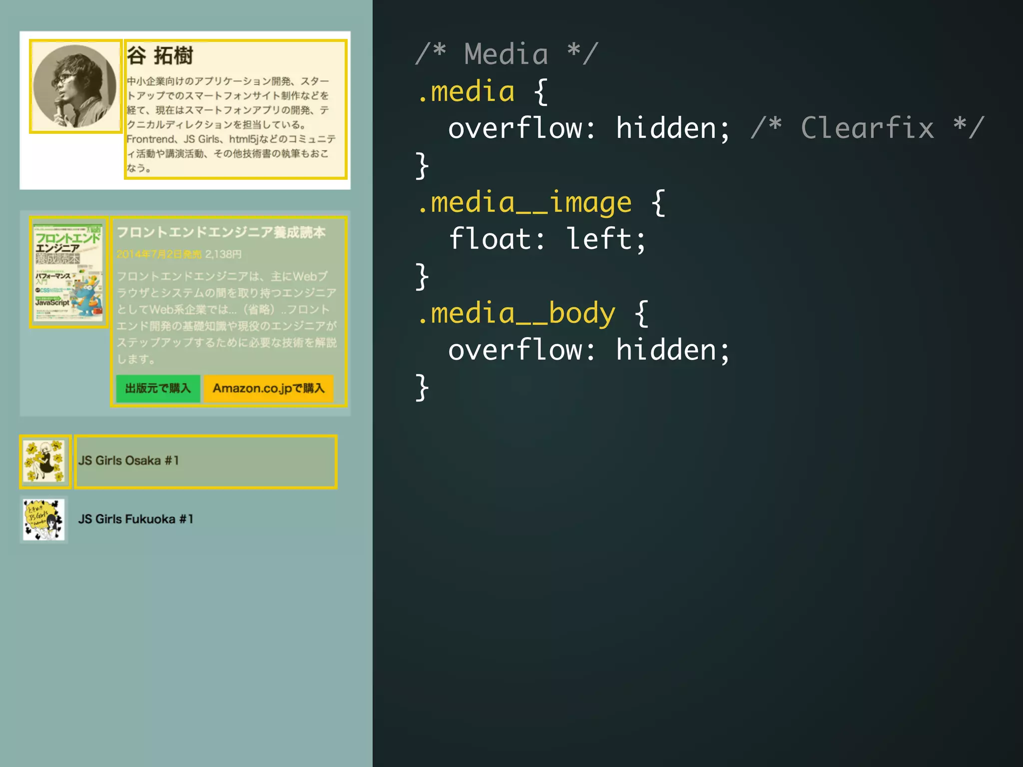 /* Media */	
.media {	
overflow: hidden; /* Clearfix */	
}	
.media__image {	
float: left;	
}	
.media__body {	
overflow: hidden;	
}	
 