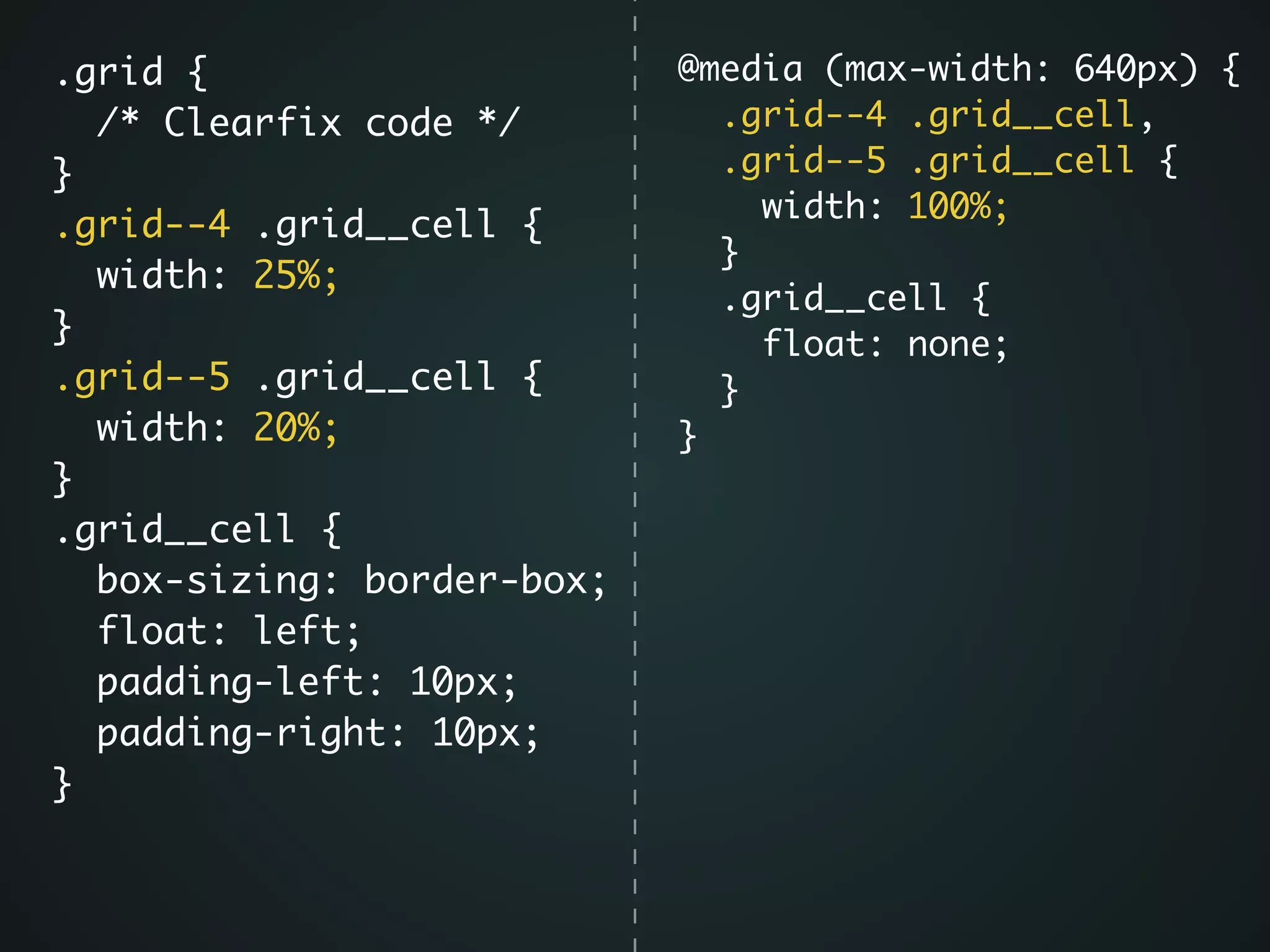 .grid {	
/* Clearfix code */	
}	
.grid--4 .grid__cell {	
width: 25%;	
}	
.grid--5 .grid__cell {	
width: 20%;	
}	
.grid__cell {	
box-sizing: border-box;	
float: left;	
padding-left: 10px; 	
padding-right: 10px; 	
}	
@media (max-width: 640px) {	
.grid--4 .grid__cell,	
.grid--5 .grid__cell {	
width: 100%;	
}	
.grid__cell {	
float: none;	
}	
}
 