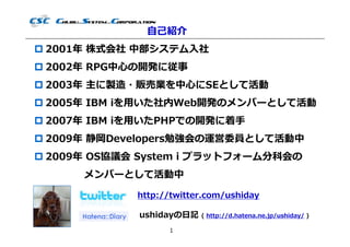 自⼰紹介
 2001年 株式会社 中部システム⼊社
 2002年 RPG中⼼の開発に従事
 2003年 主に製造・販売業を中⼼にSEとして活動
 2005年 IBM iを用いた社内Web開発のメンバーとして活動
 2007年 IBM iを用いたPHPでの開発に着⼿
 2009年 静岡Developers勉強会の運営委員として活動中
 2009年 OS協議会 System i プラットフォーム分科会の
     メンバーとして活動中

             http://twitter.com/ushiday

             ushidayの⽇記   ( http://d.hatena.ne.jp/ushiday/ )

                   1
 