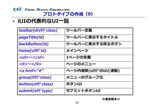 プロトタイプの作成（9）
• iUIの代表的なUI⼀覧
 toolbar(divﾀｸﾞclass)   ツールバー定義
 pageTitle(id)          ツールバーに表⽰するタイトル
 backButton(id)         ツールバーに表⽰する戻るボタン
 home(ulﾀｸﾞid)          メインページ
 <ul>〜</ul>             1ページの定義
 <li>〜</li>             ページのメニュー
 <a href="#"            ページ内遷移(ulﾀｸﾞのidと連動)
 group(liﾀｸﾞclass)      メニューのグループ化
 button(aﾀｸﾞclass)      ボタンUI
 submit(aﾀｸﾞtype)       サブミットボタンUI

                                     ※他多数あり
                           20
 