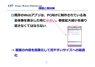 課題と解決策

既存のWebアプリは、PC向けに制作されている為
 全体像を表⽰した時に⼩さい。都度拡大縮⼩を繰り
 返さなくてはならない




→ 画⾯の内容を簡素化して⾒やすいサイズへの最適
 化

              5
 