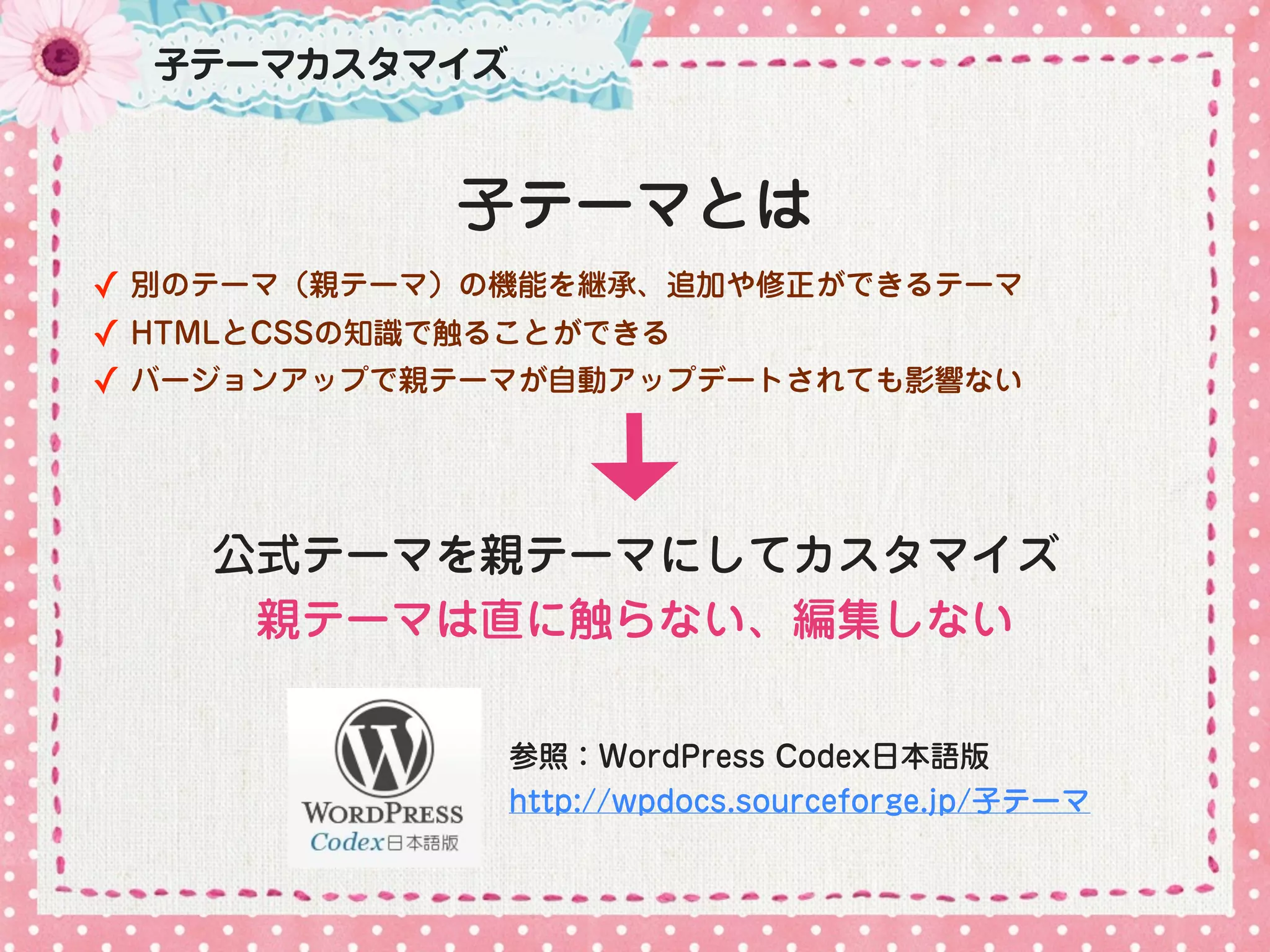 子テーマカスタマイズ



            子テーマとは
✓ 別のテーマ（親テーマ）の機能を継承、追加や修正ができるテーマ
✓ HTMLとCSSの知識で触ることができる
✓ バージョンアップで親テーマが自動アップデートされても影響ない



    公式テーマを親テーマにしてカスタマイズ
     親テーマは直に触らない、編集しない

               参照：WordPress Codex日本語版
               http://wpdocs.sourceforge.jp/子テーマ
 