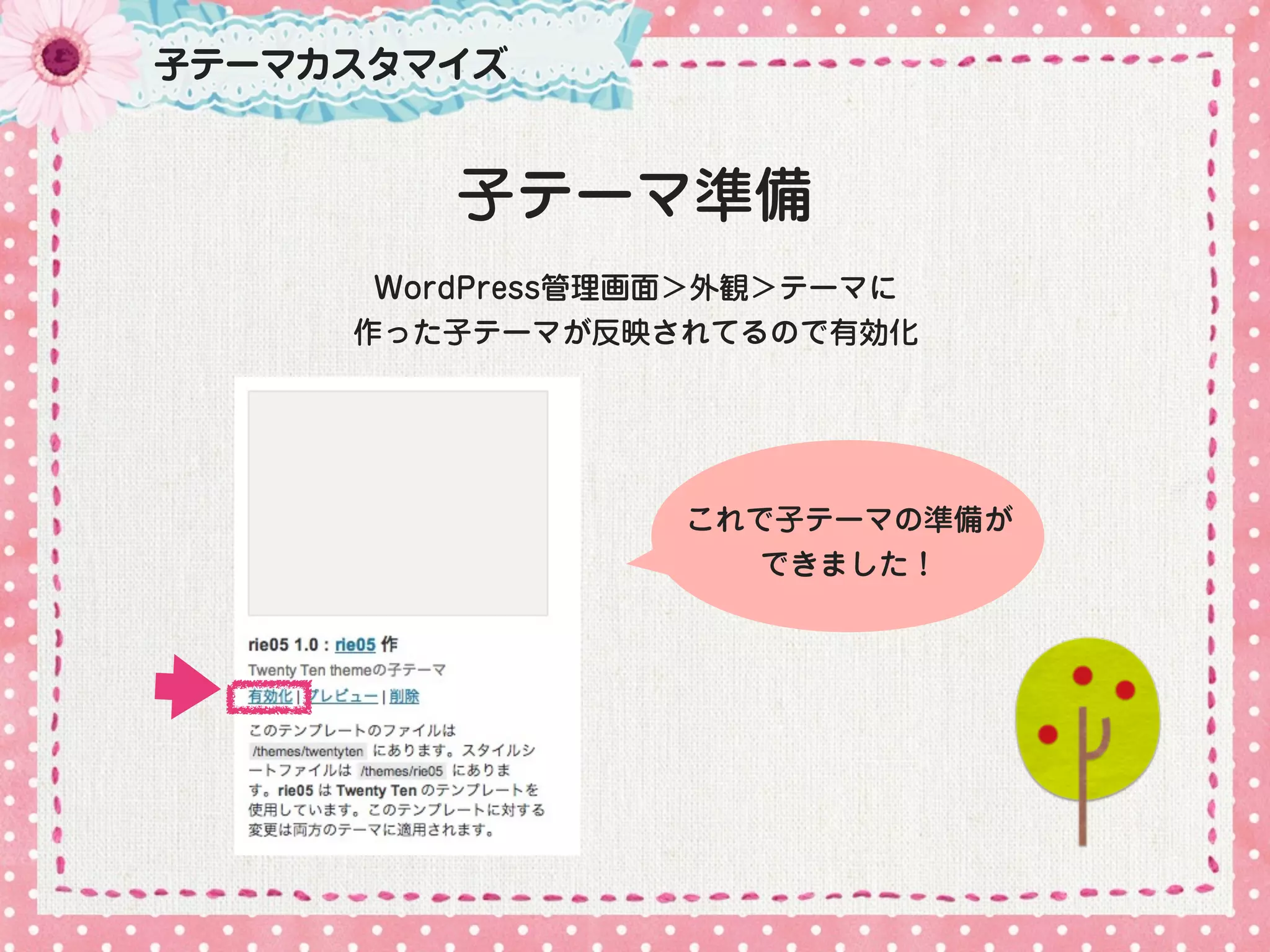 子テーマカスタマイズ


         子テーマ準備
      WordPress管理画面＞外観＞テーマに
     作った子テーマが反映されてるので有効化




                 これで子テーマの準備が
                    できました！
 