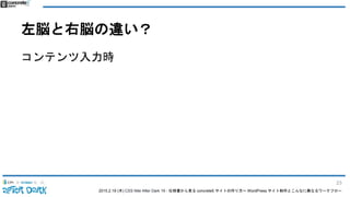 2015.2.19 (木) CSS Nite After Dark 19 - 仕様書から見る concrete5 サイトの作り方〜 WordPress サイト制作とこんなに異なるワークフロー
左脳と右脳の違い？
コンテンツ入力時
23
 