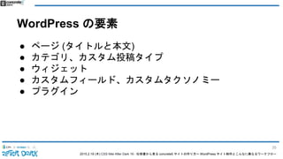 2015.2.19 (木) CSS Nite After Dark 19 - 仕様書から見る concrete5 サイトの作り方〜 WordPress サイト制作とこんなに異なるワークフロー
WordPress の要素
● ページ (タイトルと本文)
● カテゴリ、カスタム投稿タイプ
● ウィジェット
● カスタムフィールド、カスタムタクソノミー
● プラグイン
35
 