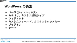 2015.2.19 (木) CSS Nite After Dark 19 - 仕様書から見る concrete5 サイトの作り方〜 WordPress サイト制作とこんなに異なるワークフロー
WordPress の要素
● ページ (タイトルと本文)
● カテゴリ、カスタム投稿タイプ
● ウィジェット
● カスタムフィールド、カスタムタクソノミー
● プラグイン
● テーマ
36
 