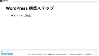 2015.2.19 (木) CSS Nite After Dark 19 - 仕様書から見る concrete5 サイトの作り方〜 WordPress サイト制作とこんなに異なるワークフロー
WordPress 構築ステップ
1. サイトマップ作成
48
 