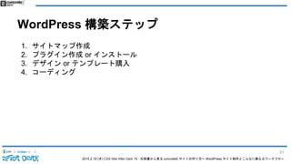 2015.2.19 (木) CSS Nite After Dark 19 - 仕様書から見る concrete5 サイトの作り方〜 WordPress サイト制作とこんなに異なるワークフロー
WordPress 構築ステップ
1. サイトマップ作成
2. プラグイン作成 or インストール
3. デザイン or テンプレート購入
4. コーディング
51
 