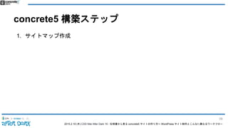 2015.2.19 (木) CSS Nite After Dark 19 - 仕様書から見る concrete5 サイトの作り方〜 WordPress サイト制作とこんなに異なるワークフロー
concrete5 構築ステップ
1. サイトマップ作成
58
 