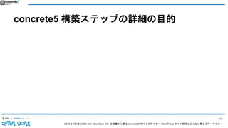 2015.2.19 (木) CSS Nite After Dark 19 - 仕様書から見る concrete5 サイトの作り方〜 WordPress サイト制作とこんなに異なるワークフロー
concrete5 構築ステップの詳細の目的
68
 