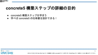 2015.2.19 (木) CSS Nite After Dark 19 - 仕様書から見る concrete5 サイトの作り方〜 WordPress サイト制作とこんなに異なるワークフロー
concrete5 構築ステップの詳細の目的
● concrete5 構築ステップを学ぼう
● 学べば concrete5 の仕様書を設計できる！
70
 