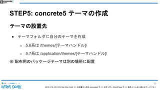 2015.2.19 (木) CSS Nite After Dark 19 - 仕様書から見る concrete5 サイトの作り方〜 WordPress サイト制作とこんなに異なるワークフロー
STEP5: concrete5 テーマの作成
テーマの設置先
● テーマフォルダに自分のテーマを作成
o 5.6系は /themes/[テーマハンドル]/
o 5.7系は /application/themes/[テーマハンドル]/
※ 配布用のパッケージテーマは別の場所に配置
92
 