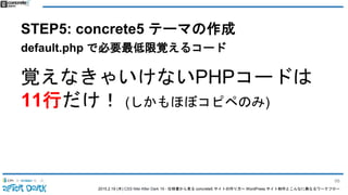 2015.2.19 (木) CSS Nite After Dark 19 - 仕様書から見る concrete5 サイトの作り方〜 WordPress サイト制作とこんなに異なるワークフロー
STEP5: concrete5 テーマの作成
default.php で必要最低限覚えるコード
覚えなきゃいけないPHPコードは
11行だけ！ (しかもほぼコピペのみ)
98
 