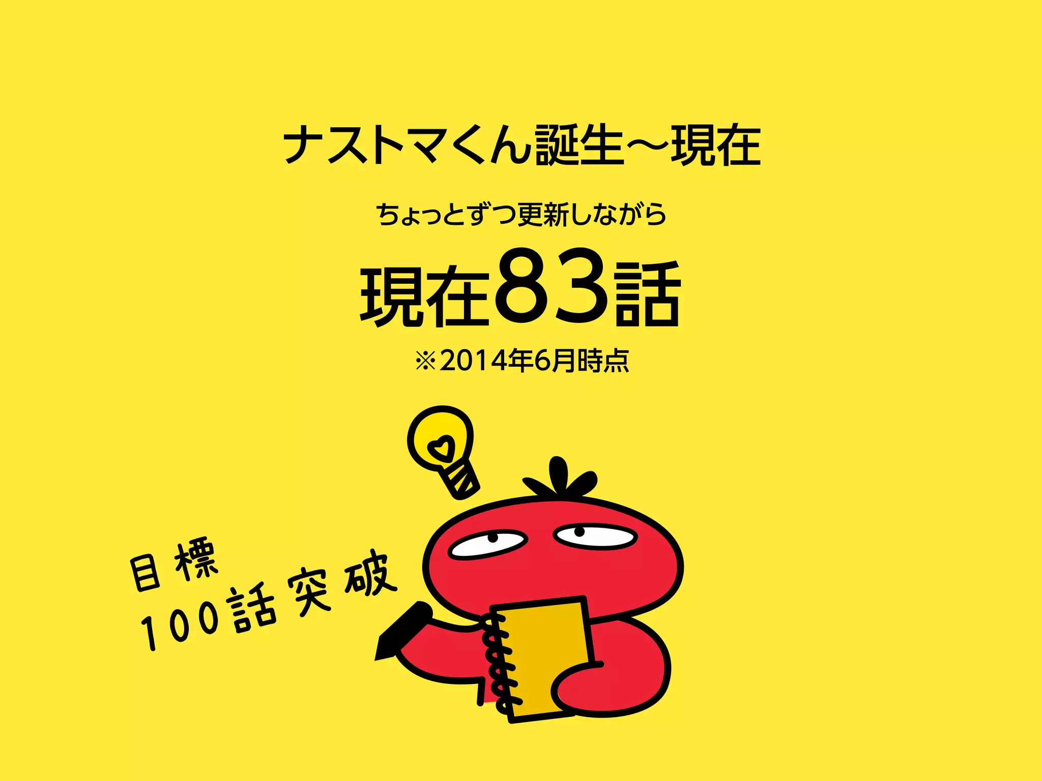 ナストマくん誕生∼現在
ちょっとずつ更新しながら
現在83話
※2014年6月時点
目標
100話突破
 