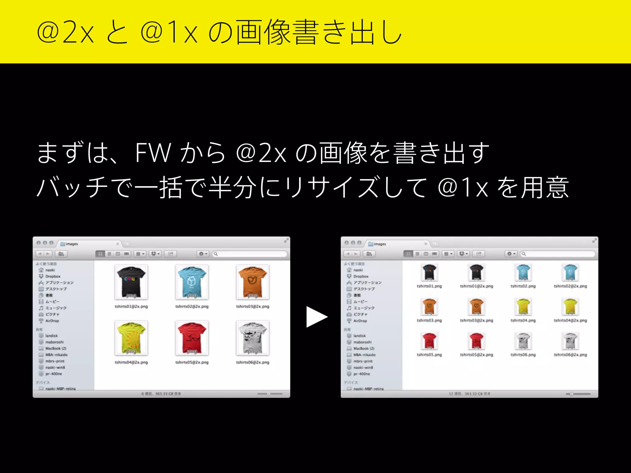 @2x と @1x の画像書き出し

まずは、FW から @2x の画像を書き出す
バッチで一括で半分にリサイズして @1x を用意

 