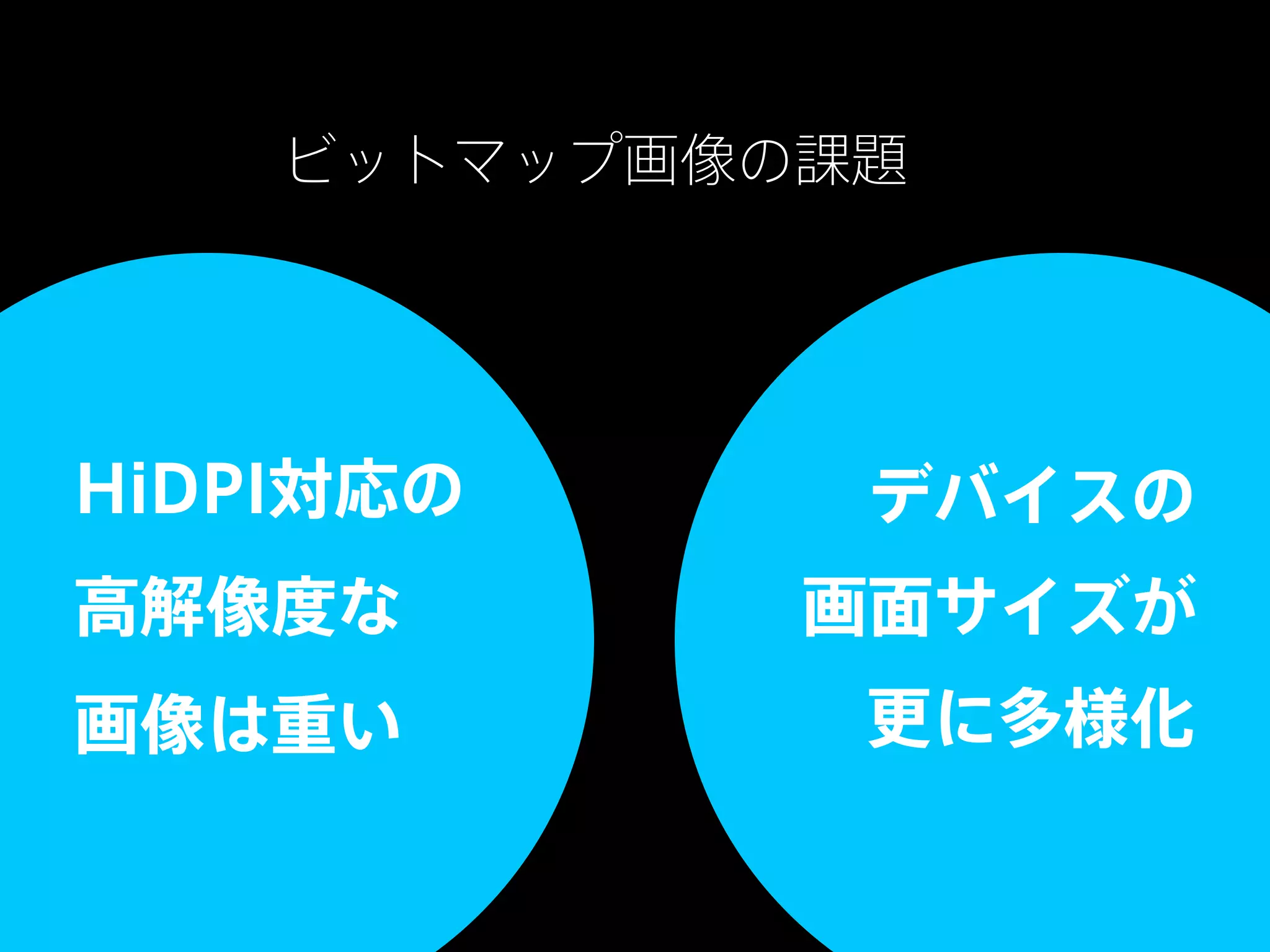 ビットマップ画像の課題

HiDPI対応の

デバイスの

高解像度な

画面サイズが

画像は重い

更に多様化

 