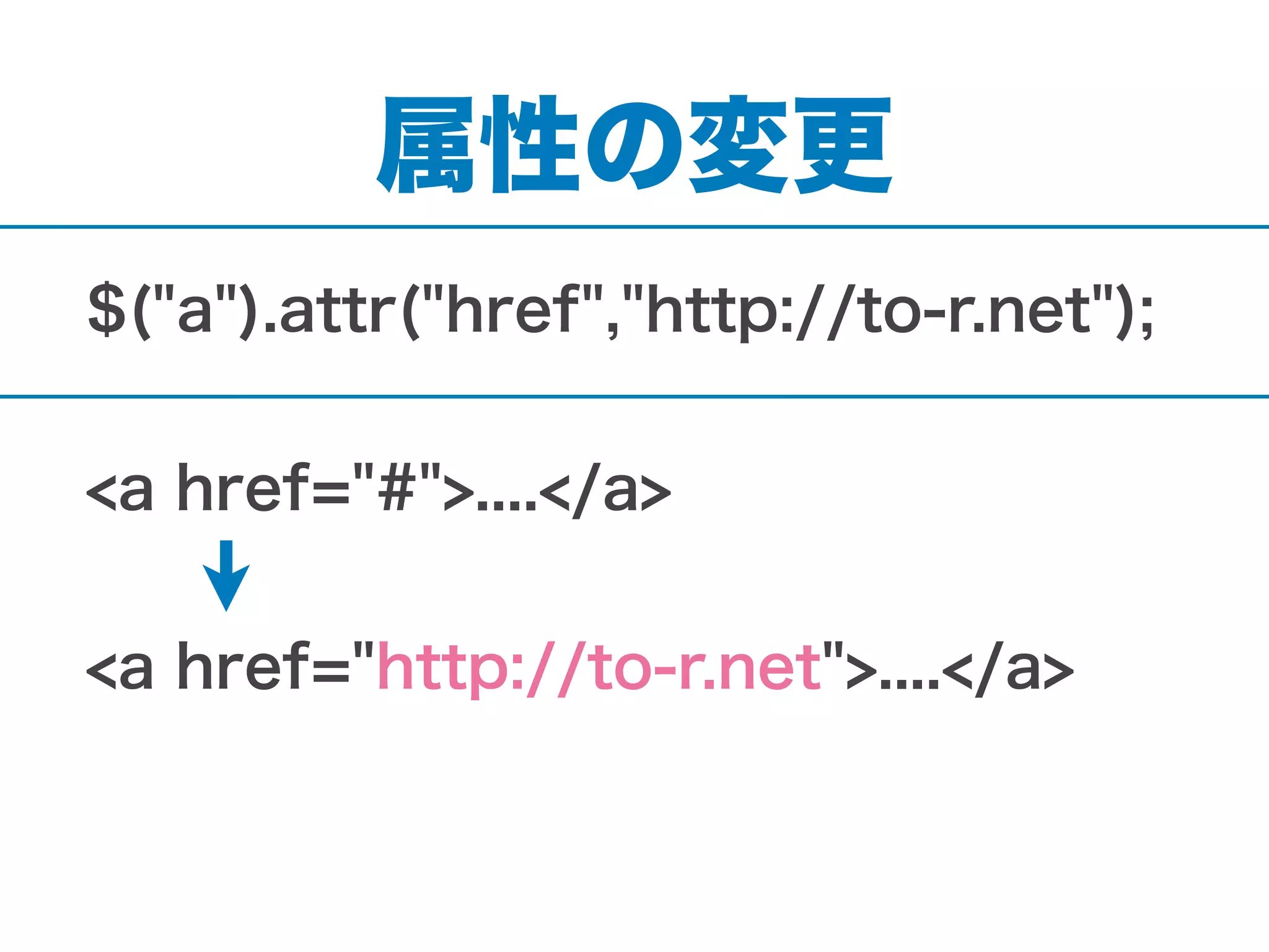属性の変更
$("a").attr("href","http://to-r.net");
<a href="#">....</a>
<a href="http://to-r.net">....</a>
 