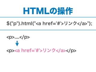 HTMLの操作
$("p").html("<a href='#'>リンク</a>");
<p>....</p>
<p><a href='#'>リンク</a></p>
 